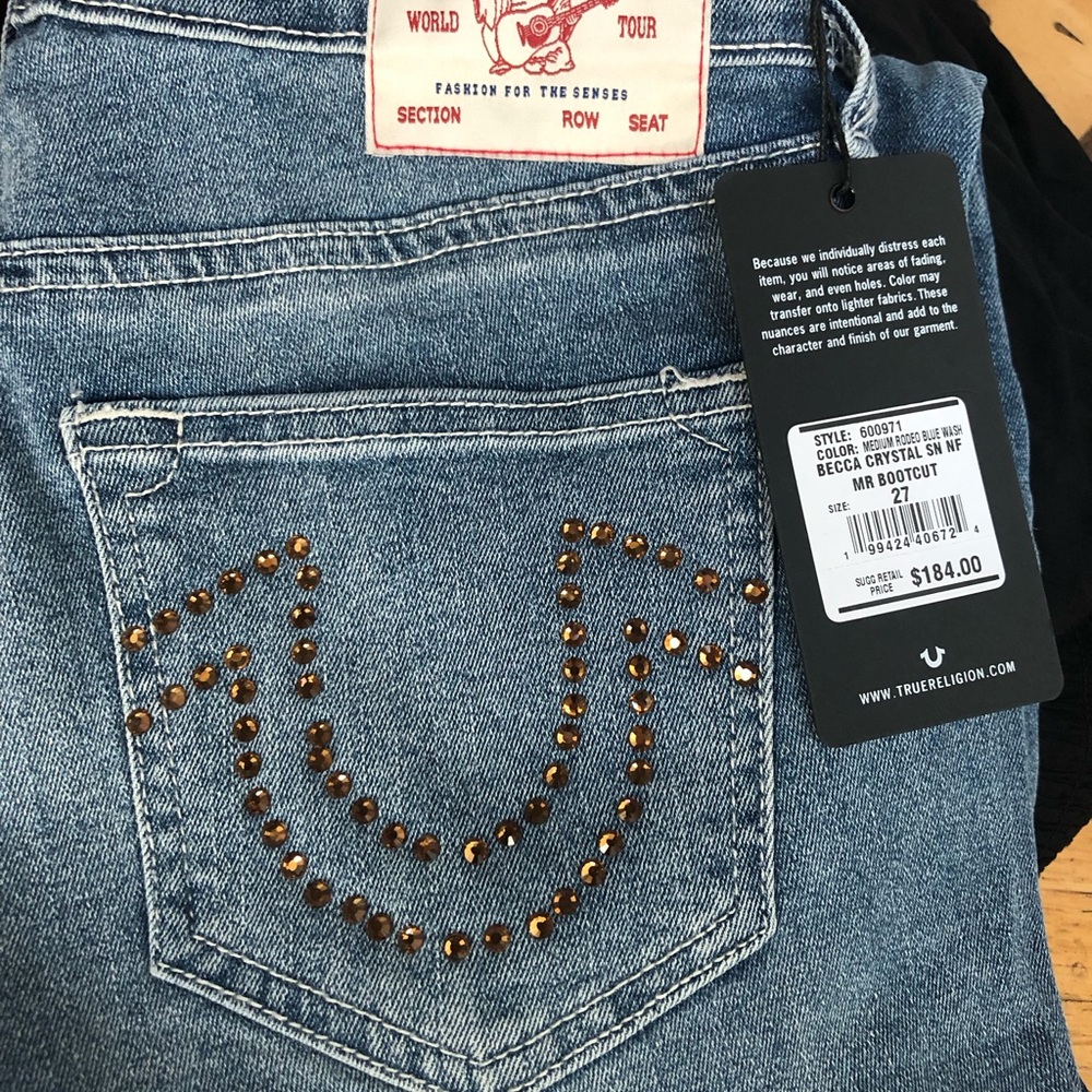True Religion Mid Blue Bootcut Jeans with Amber Crystal Embellishment